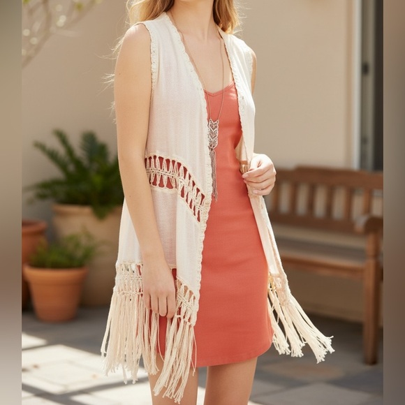 NEW•Zen Bohemian•Boho Chic Cream Fringe Crochet Detail Vest - Picture 2 of 5